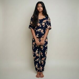 Chico's Pajama Set Women Size 1 Navy Blue Floral Print Short Sleeve Top Pants